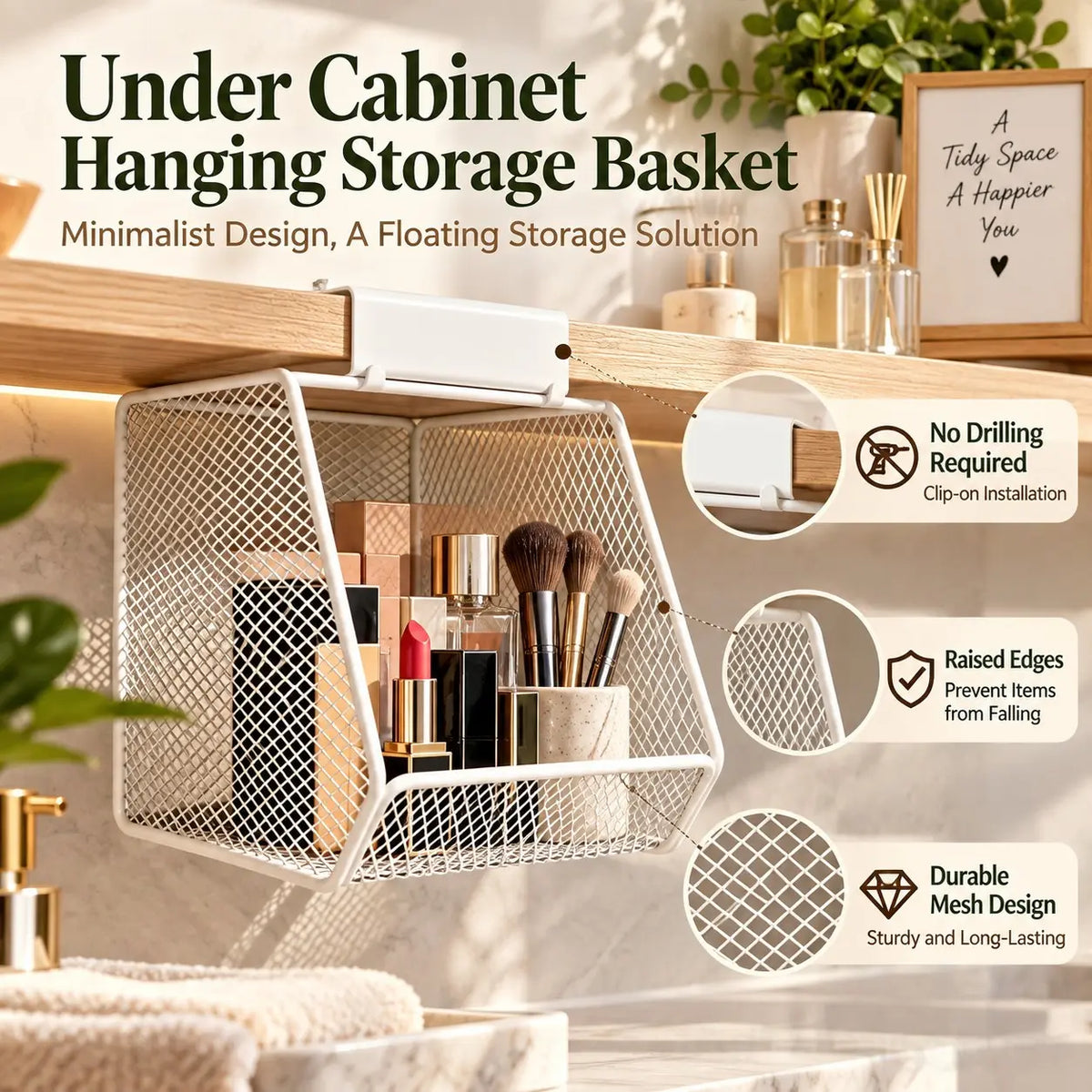 Hanging Storage Basket Under Shelf, No-Drill Metal Mesh Organizer, Space-Saving Open Front Storage Rack for Bathroom Vanity, Kitchen Cabinet, Makeup & Skincare Organization