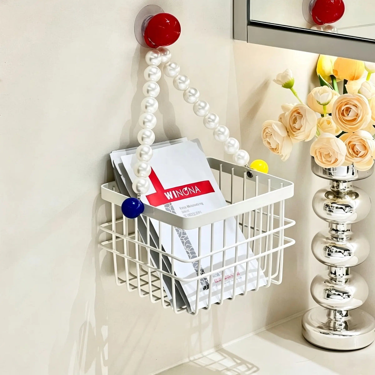 Drill‑Free Pearl Hanging Storage Basket, Wall‑Mount Suction Cup Organizer, Bathroom Vanity Makeup Storage Rack, Rust‑Proof Hollow Hanging Basket for Shower & Bedroom