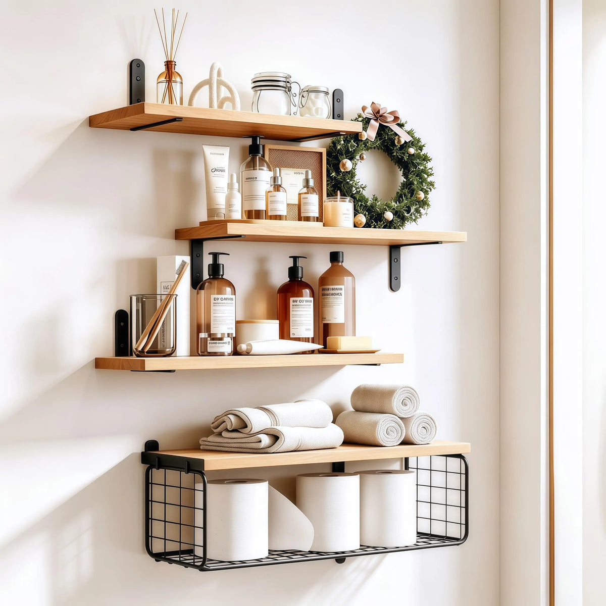 4-Tier Floating Wall-Mounted Shelves with Wire Storage Basket, Home Organizer Rack for Bathroom, Kitchen, Farmhouse Decor