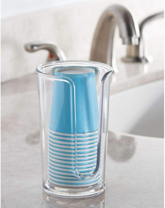mDesign Small Plastic Paper Cup Dispenser - Compact Storage Holder for Mouthwash Cups on Bathroom Vanity Countertops, 3 oz. Rinsing Cups Included - Lumiere Collection - Clear