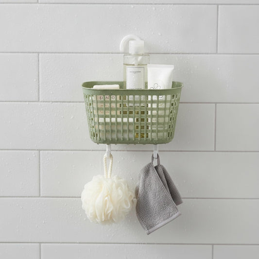 Wall-Mounted Bathroom Storage Basket with Hooks, Compact PP Plastic Shower Caddy for Toiletries and Vanity Organization (1 Pack)