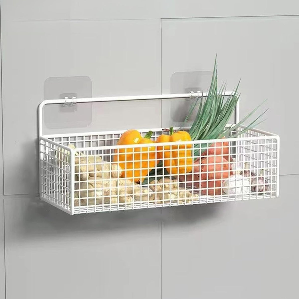 Metal Basket for Storage Sundries, Wall Basket with 2 Traceless Sticker, Kitchen Seasoning Storage Basket with Mesh Structure, Shower Toiletries Wall Mounted Basket for Bathroom, Storage Organizer