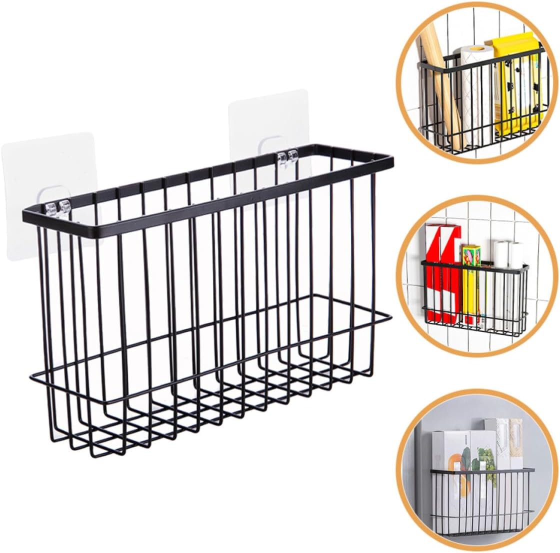Iron Wall-Mounted Storage Basket with Nail-Free Design, Black Iron Wire Hanging Organizer for Bathroom and Office, Convenient Small Wall Storage Shelf for Toiletries and Sundries