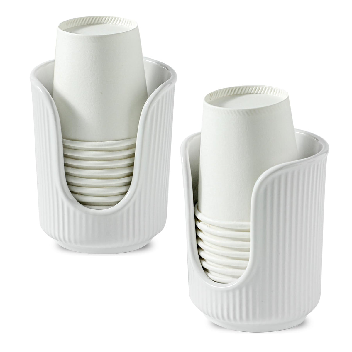 Dobbyby Ceramic Bathroom Cup Dispenser with Stylish Vertical Stripes - Disposable Mouthwash Cup Holder Holds 3-4oz Paper Cups for Rinsing Cups on Bathroom Vanity Countertops (Matte Beige)