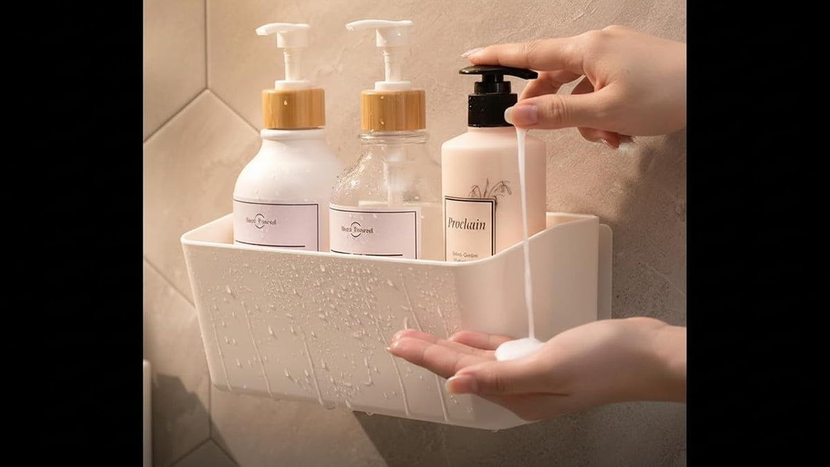 Bath Shelve, Adhesive Shelf Shower Caddy Bathroom Organizer, No Drill Wall Mounted Shower Caddy Basket Plastic,White Storage Rack for Bathroom/Kitchen