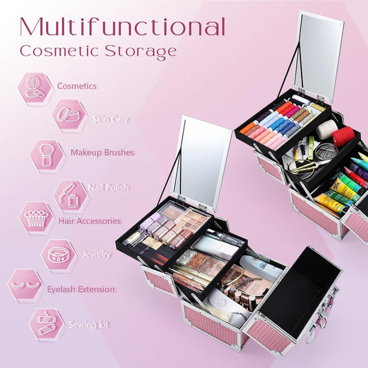 Joligrace Makeup Case Organizer Makeup Box Cosmetic Train Case with Mirror