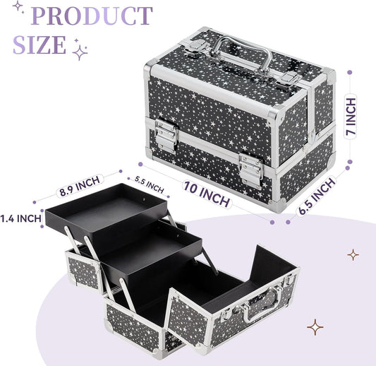 Leeora&Leekoo Makeup Train Case Cosmetic Box Portable Makeup Case Organizer 2 Trays Makeup Storage for Cosmetologist Aesthetic Supplies Nail Tech Traveling Makeup Box (Flashing Star)
