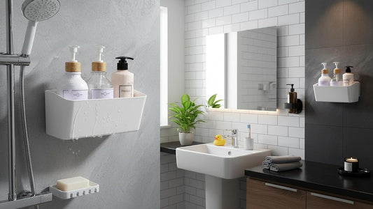 Bath Shelve, Adhesive Shelf Shower Caddy Bathroom Organizer, No Drill Wall Mounted Shower Caddy Basket Plastic,White Storage Rack for Bathroom/Kitchen