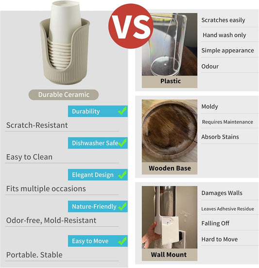 Dobbyby Ceramic Bathroom Cup Dispenser with Stylish Vertical Stripes - Disposable Mouthwash Cup Holder Holds 3-4oz Paper Cups for Rinsing Cups on Bathroom Vanity Countertops (Matte Beige)