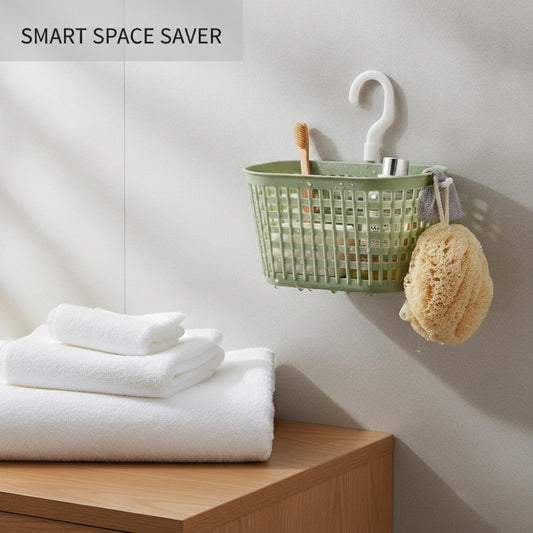 Wall-Mounted Bathroom Storage Basket with Hooks, Compact PP Plastic Shower Caddy for Toiletries and Vanity Organization (1 Pack)