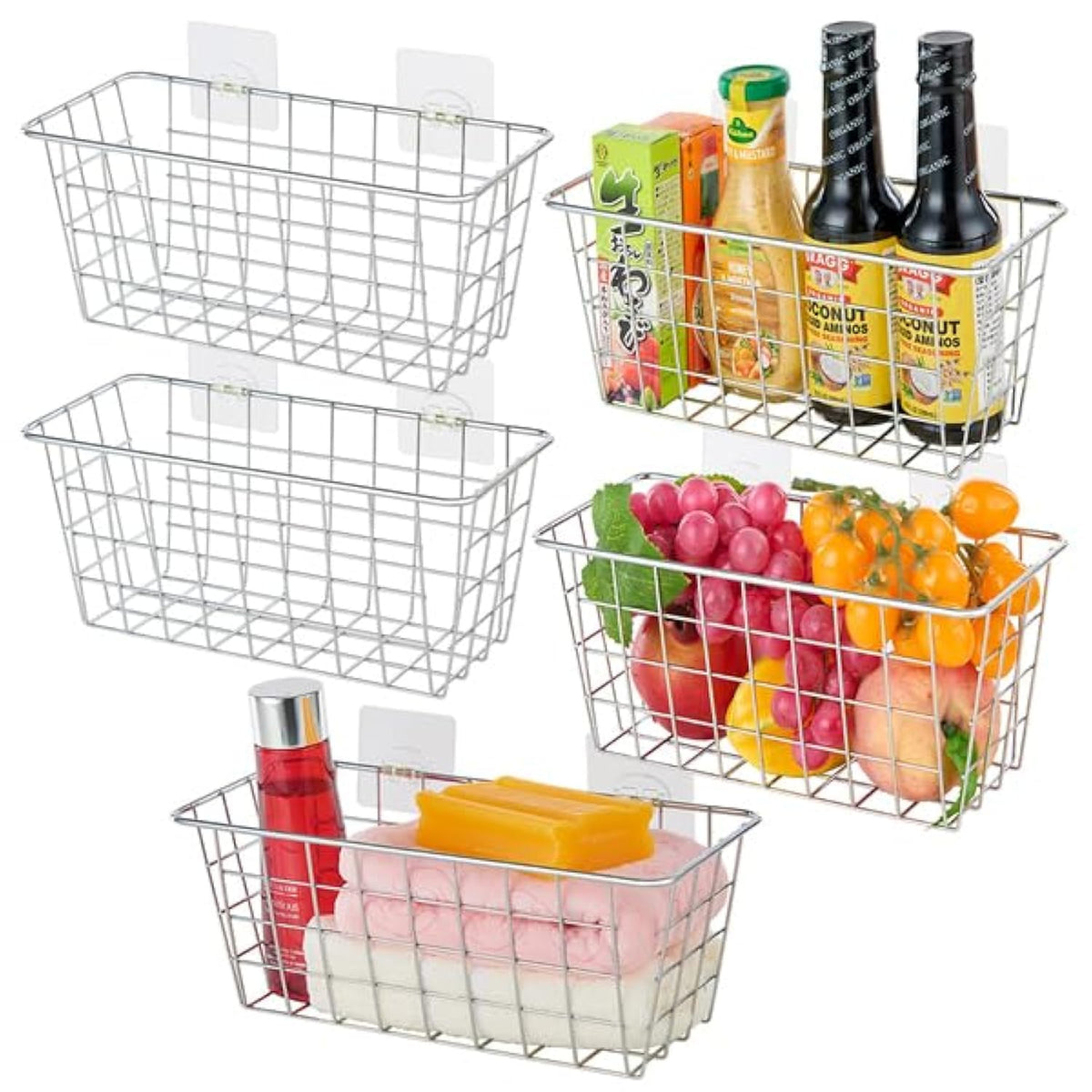 JUNCHU CHERRY 2 Pack Hanging Storage Basket, Bathroom Basket, Household Goods, with Traceless Tape, no Drilling, for Cabinet Storage, Kitchen, Bathroom, Storage Room,Black
