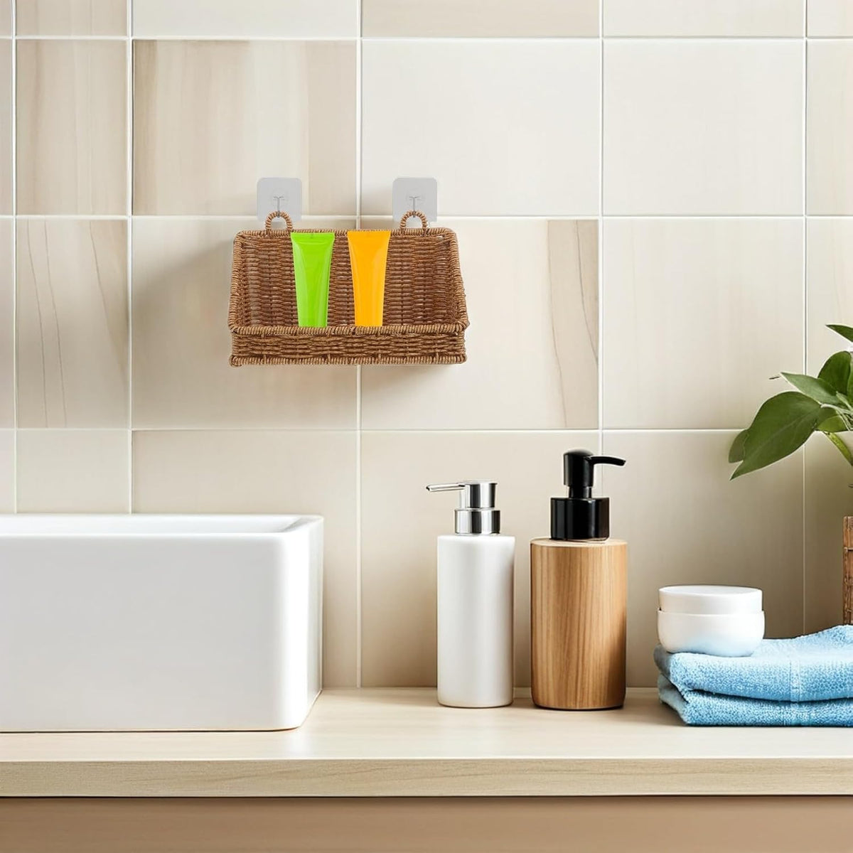 Bathroom Storage Basket Wall Mounted No Drill Plastic Rattan Organizer