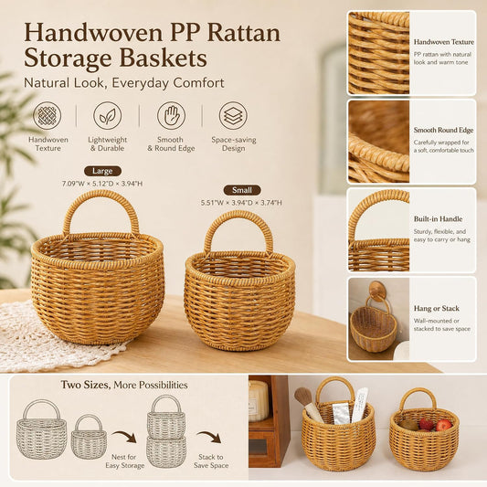2 Pack Rattan Hanging Storage Baskets Wall Organizer for Kitchen Bathroom