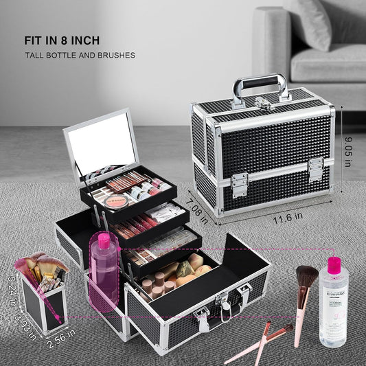 Joligrace 3-Tray Makeup Case with Mirror & Brush Holder, 11.6" Shine Black