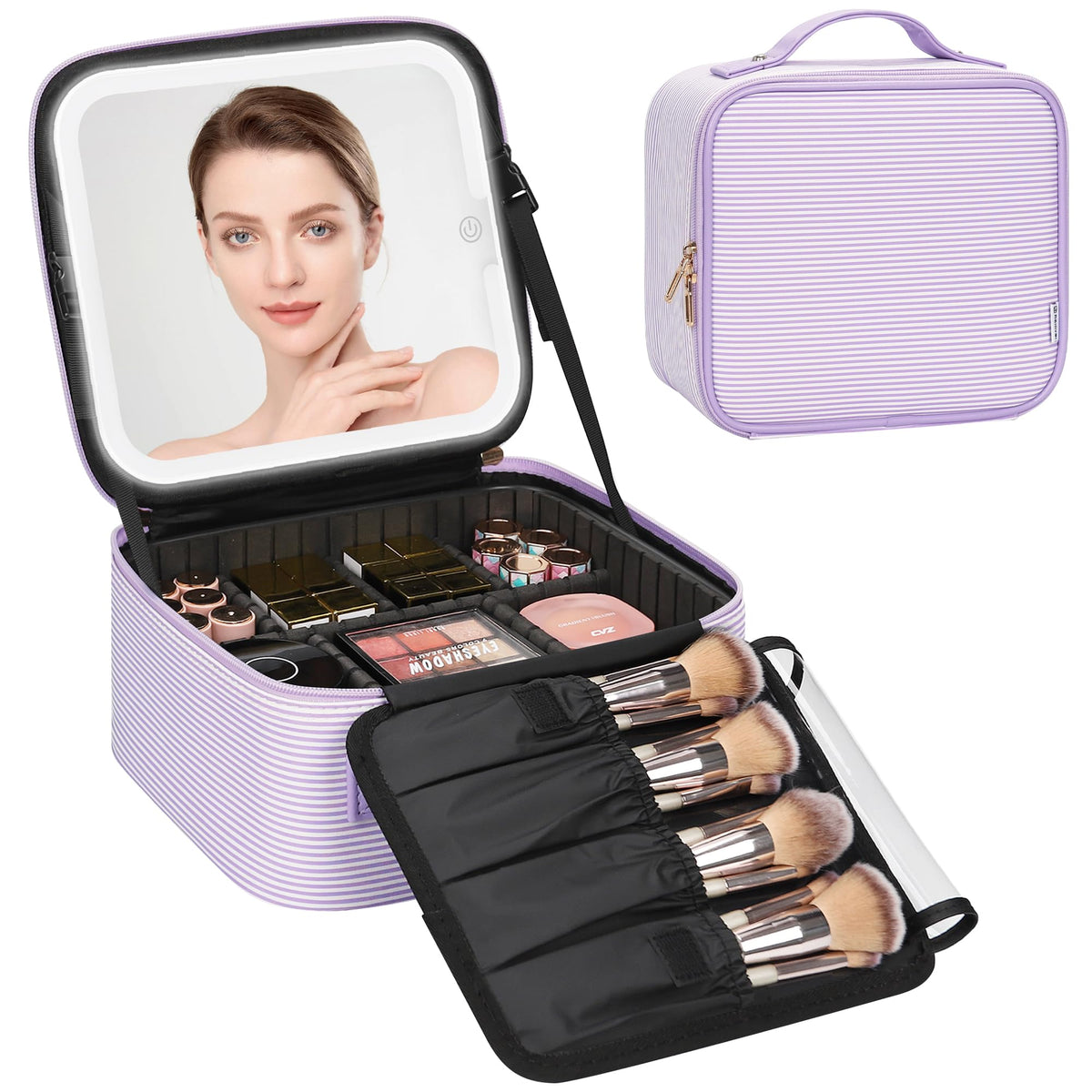 Relavel Travel Makeup Bag With LED Mirror, Cosmetic Train Case with Light up Mirror, Portable Makeup Artist Organizer Bag with Adjustable Dividers, Makeup Brush Holder Storage, Black