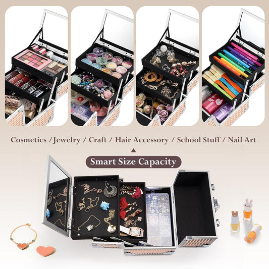 FRENESSA Makeup Case Train Case Portable Makeup Box with Mirror Lock Box Travel Cosmetic Train Cases Hard Makeup Organizer for Nail Craft Storage Vanity for Girl Rose Gold