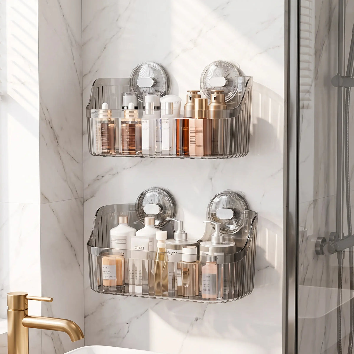 【Homedecor】Clear Suction Cup Bathroom Storage Basket, No-Drill Wall-Mounted Shower Caddy for Toiletries and Cosmetics on Smooth Glass Surfaces