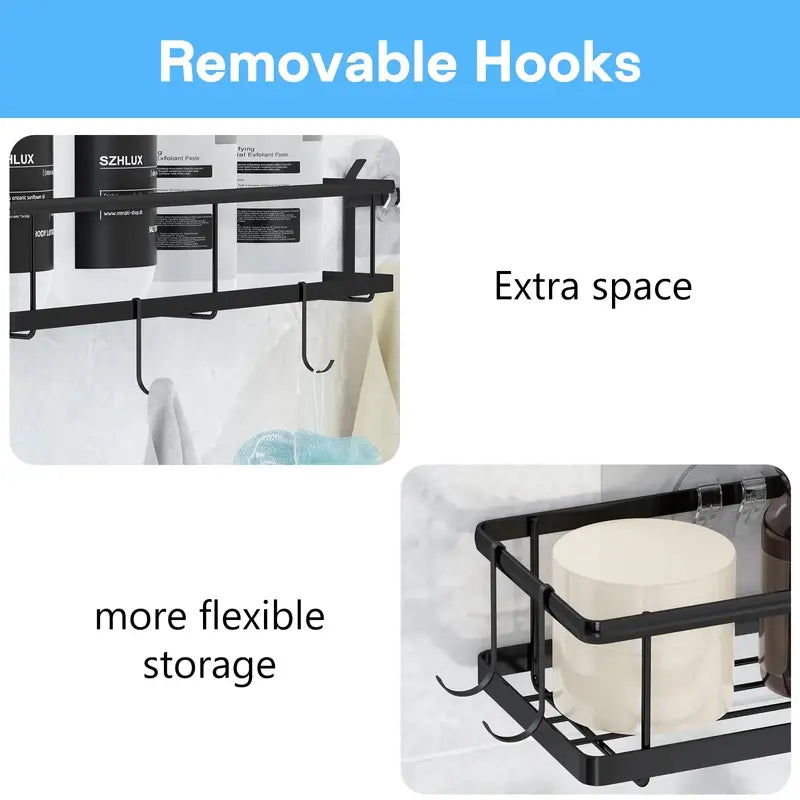 6-Pack Adhesive Bathroom Organizer Shelves, Rustproof Stainless Steel Shower Caddy with Hooks & Soap Dish, No Drilling Wall Mounted Storage Baskets for Bathroom, Kitchen & Toilet, Black