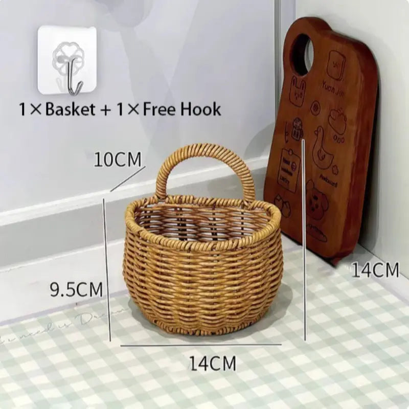 Wall-Mounted Woven Storage Basket with Adhesive Hooks, Ideal for Kitchen & Bathroom Organization, Small Hanging Basket for Cosmetics & Misc Items, Wall Hanging Baskets