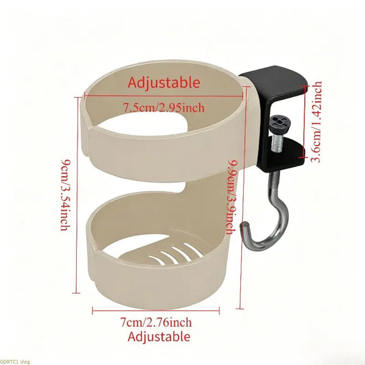 Desk Side Cup Holder with Hook, Clamp-on Adjustable Drink Holder, Desktop Mount Beverage Mug Rack for Office Table Coffee Water Cup Storage
