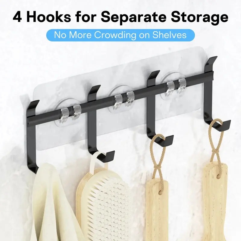 6-Pack Adhesive Bathroom Organizer Shelves, Rustproof Stainless Steel Shower Caddy with Hooks & Soap Dish, No Drilling Wall Mounted Storage Baskets for Bathroom, Kitchen & Toilet, Black