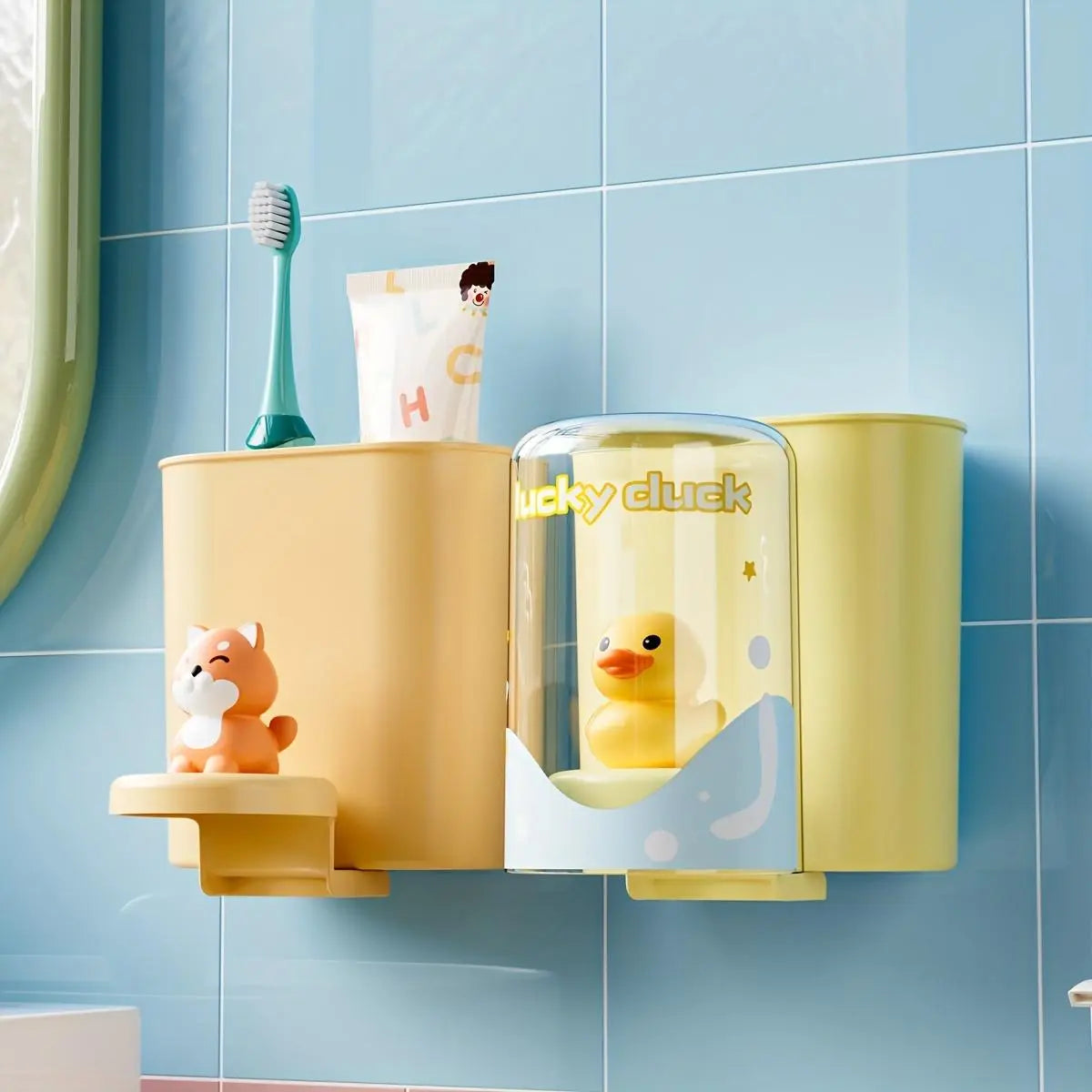 Wall-Mounted Dopamine Cartoon Pattern Toothbrush Holder with Rinse Cup Holder, Bathroom Dental Organizer Featuring Water Drainage Design for Clean Hygienic Storage