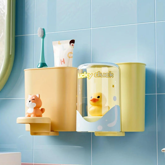 Wall-Mounted Dopamine Cartoon Pattern Toothbrush Holder with Rinse Cup Holder, Bathroom Dental Organizer Featuring Water Drainage Design for Clean Hygienic Storage