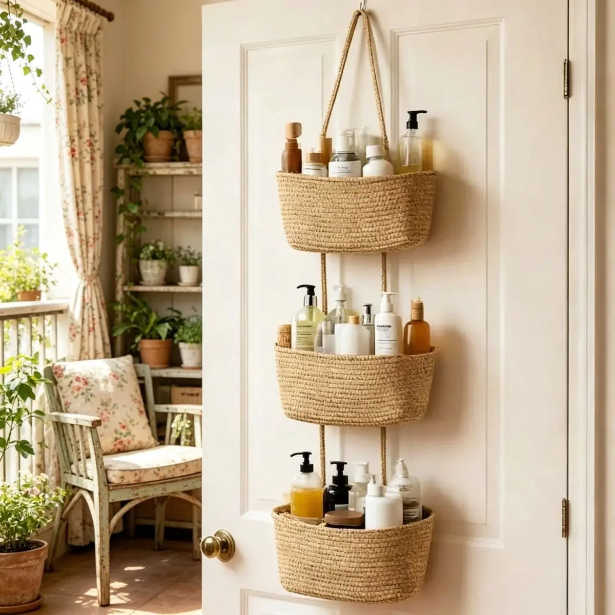 Woven Cotton 3-Tier Trapezoid Over-the-Door Hanging Basket, Jute Wall Storage Organizer, French Country Aesthetic Decor for Bathroom, Dorm & Home