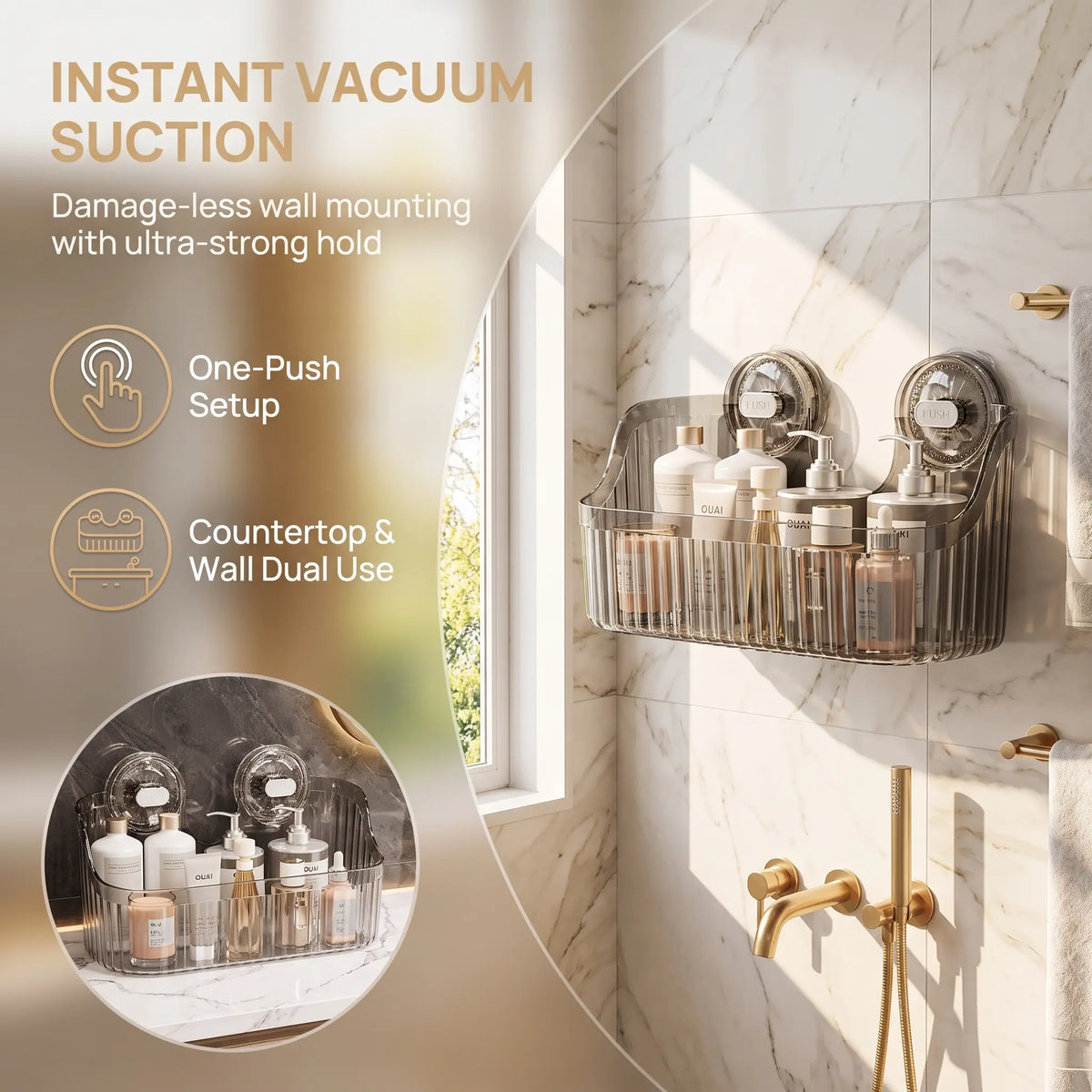 【Homedecor】Clear Suction Cup Bathroom Storage Basket, No-Drill Wall-Mounted Shower Caddy for Toiletries and Cosmetics on Smooth Glass Surfaces