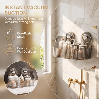 【Homedecor】Clear Suction Cup Bathroom Storage Basket, No-Drill Wall-Mounted Shower Caddy for Toiletries and Cosmetics on Smooth Glass Surfaces