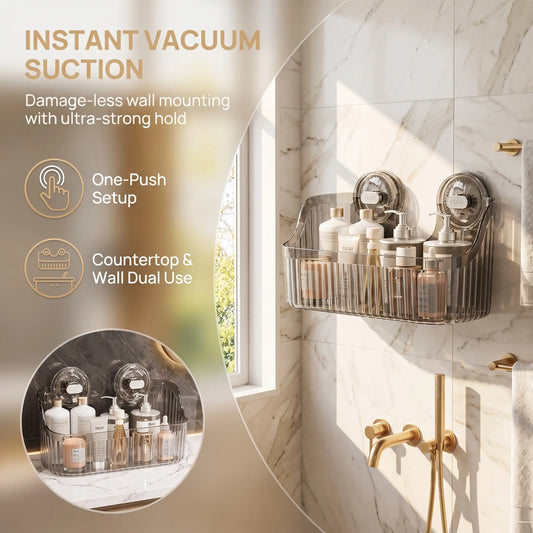 【Homedecor】Clear Suction Cup Bathroom Storage Basket, No-Drill Wall-Mounted Shower Caddy for Toiletries and Cosmetics on Smooth Glass Surfaces
