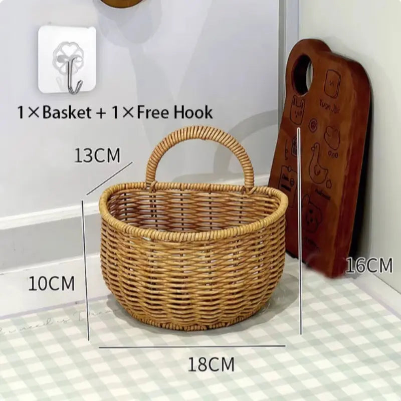 Wall-Mounted Woven Storage Basket with Adhesive Hooks, Ideal for Kitchen & Bathroom Organization, Small Hanging Basket for Cosmetics & Misc Items, Wall Hanging Baskets