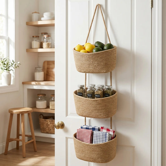 Woven Cotton 3-Tier Trapezoid Over-the-Door Hanging Basket, Jute Wall Storage Organizer, French Country Aesthetic Decor for Bathroom, Dorm & Home
