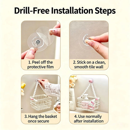 Drill‑Free Pearl Hanging Storage Basket, Wall‑Mount Suction Cup Organizer, Bathroom Vanity Makeup Storage Rack, Rust‑Proof Hollow Hanging Basket for Shower & Bedroom
