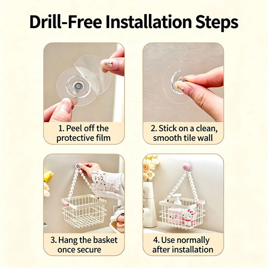 Drill‑Free Pearl Hanging Storage Basket, Wall‑Mount Suction Cup Organizer, Bathroom Vanity Makeup Storage Rack, Rust‑Proof Hollow Hanging Basket for Shower & Bedroom