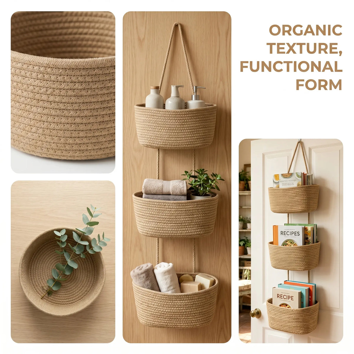 Woven Cotton 3-Tier Trapezoid Over-the-Door Hanging Basket, Jute Wall Storage Organizer, French Country Aesthetic Decor for Bathroom, Dorm & Home
