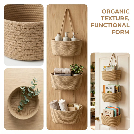 Woven Cotton 3-Tier Trapezoid Over-the-Door Hanging Basket, Jute Wall Storage Organizer, French Country Aesthetic Decor for Bathroom, Dorm & Home