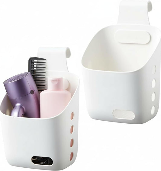 LeleCAT Plastic Hanging Basket Kitchen Storage organizer, Basket with Detachable hook, Hang it behind a door or on a railing, Over the Cabinet Door (White, Small-2 Pack)