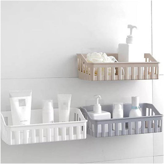 Wall Mounted Storage Basket Punch Free Bathroom Shelf Beige Plastic