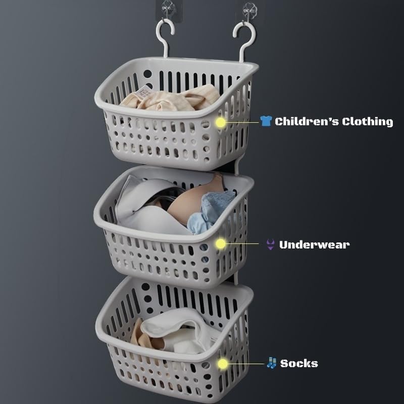 Hanging Bathroom Storage Basket – Wall-Mounted Plastic Organizer Bin for Toiletries, Makeup, Kitchen & More – Small Rectangle & Square – Beige & Gray White Options (Gray White, Small Square)