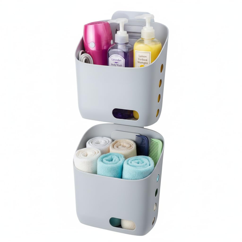 LeleCAT Plastic Hanging Basket Kitchen Storage organizer, Basket with Detachable hook, Hang it behind a door or on a railing, Over the Cabinet Door (White, Small-2 Pack)