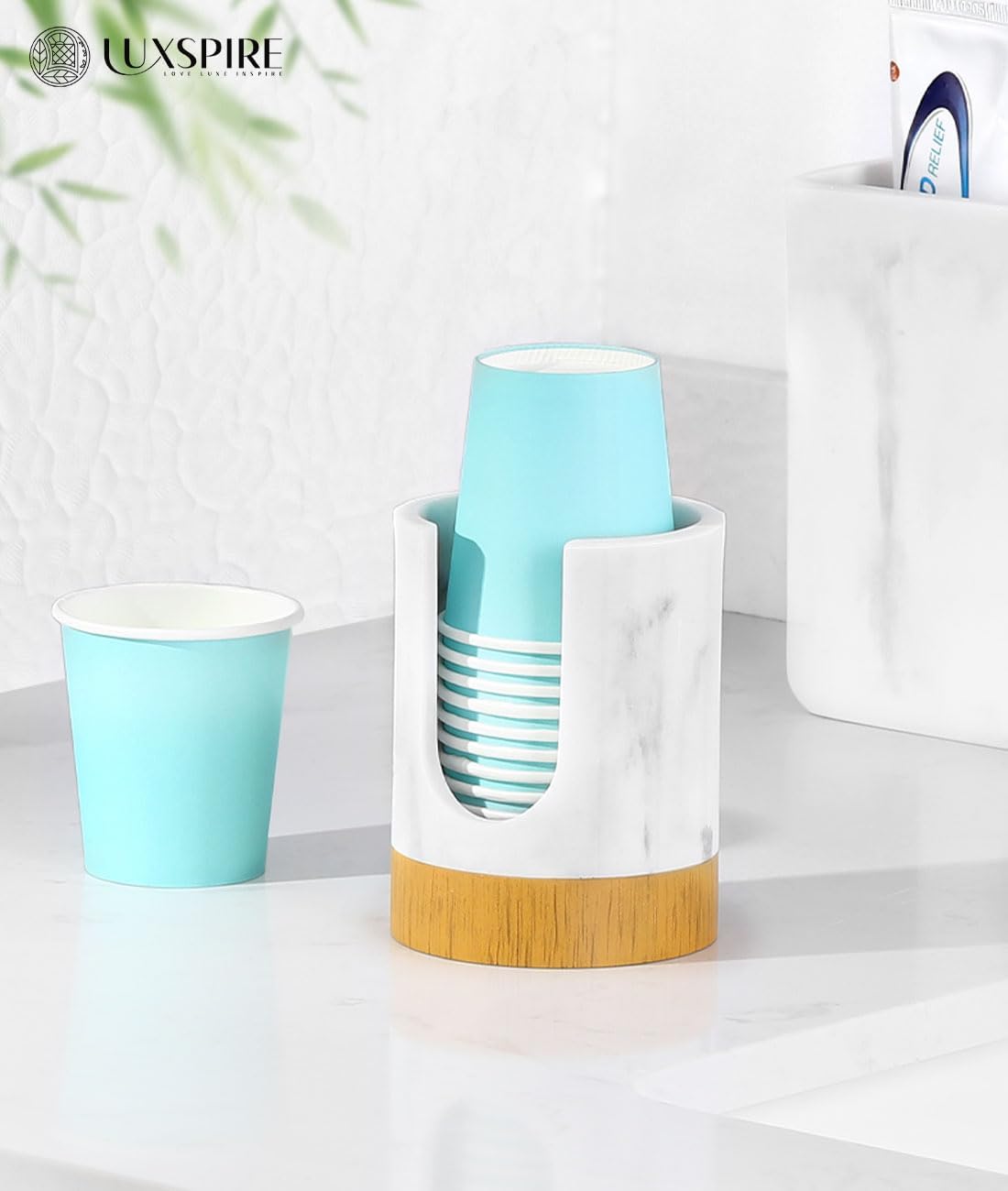 Luxspire Bathroom Cup Dispenser, 3oz Dixie Cup Dispenser, Guest Bathroom Essentials, Marble Resin Cup Dispenser, Disposable Paper Cup Holder, Cotton Pad Holder, Bathroom Accessories - Marble White