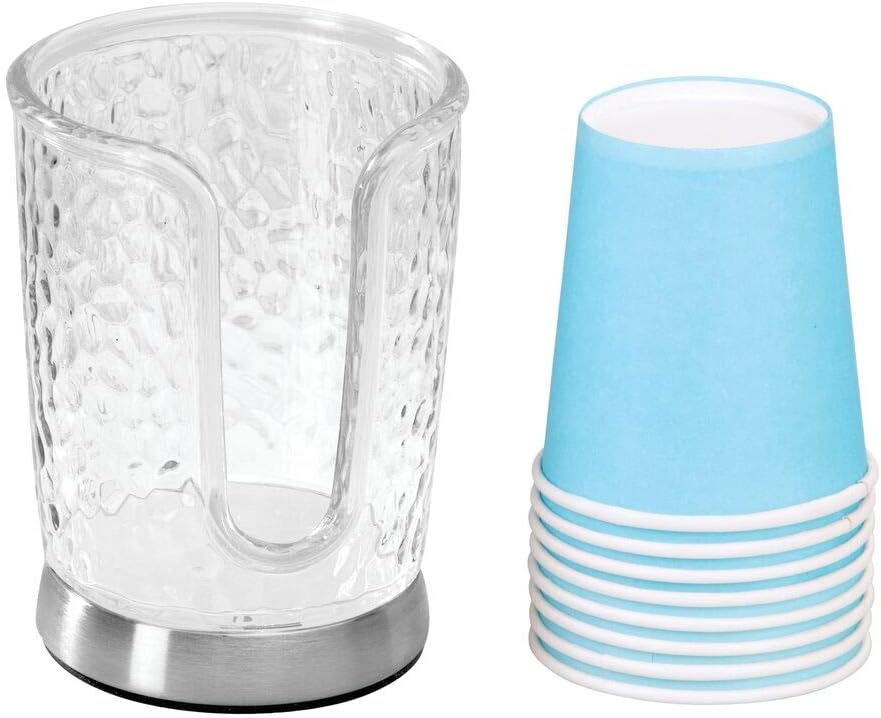 mDesign Plastic/Steel Compact Small Disposable Paper Cup Dispenser Storage Holder for Rinsing Cups on Bathroom Vanity Countertops - Rain Collection - Clear/Brushed