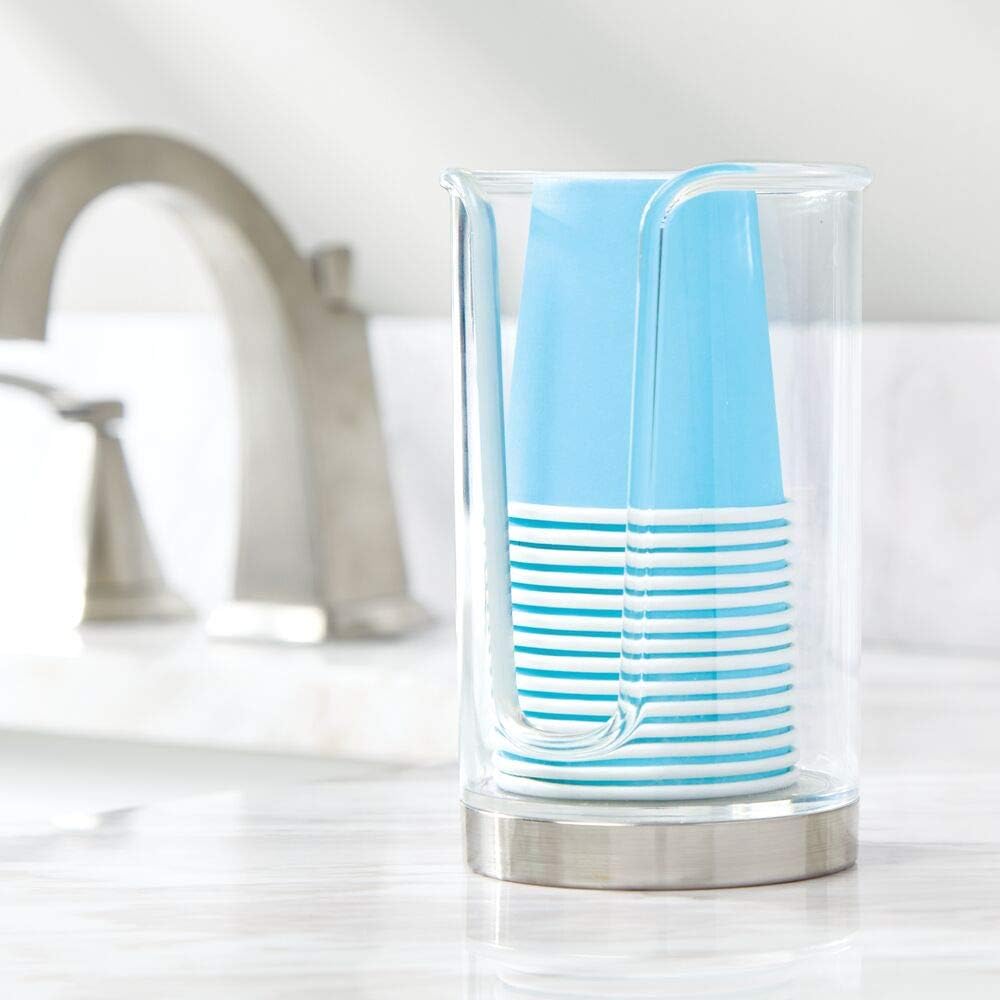 mDesign Plastic Small Compact Disposable Paper Cup Dispenser, Mouthwash Rinsing Cups Storage Holder for Bathroom Vanity Countertops, Makeup Table, Powder Room, Lumiere Collection, Clear/Brushed Chrome