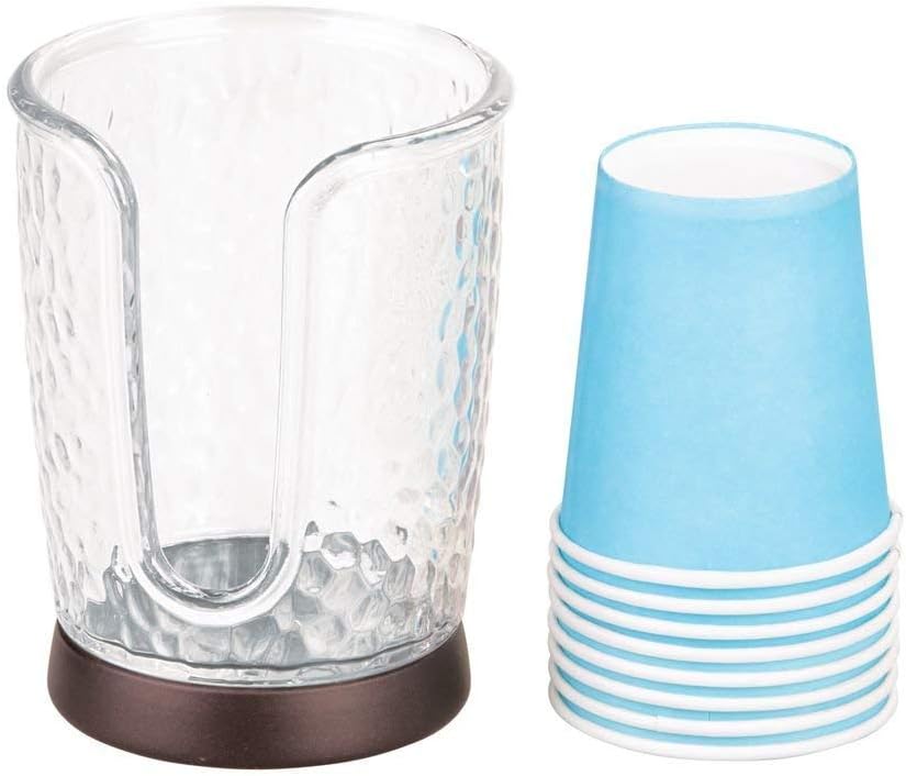 iDesign Rain Disposable Paper and Plastic Cup Dispenser Holder for Master, Guest, Kids' Bathroom Vanity and Countertops, 3.10" x 3.10" x 4", Clear and Bronze