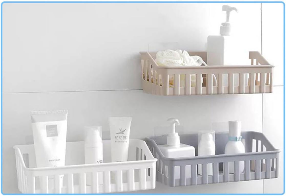 Wall Mounted Storage Basket Punch Free Bathroom Shelf Beige Plastic