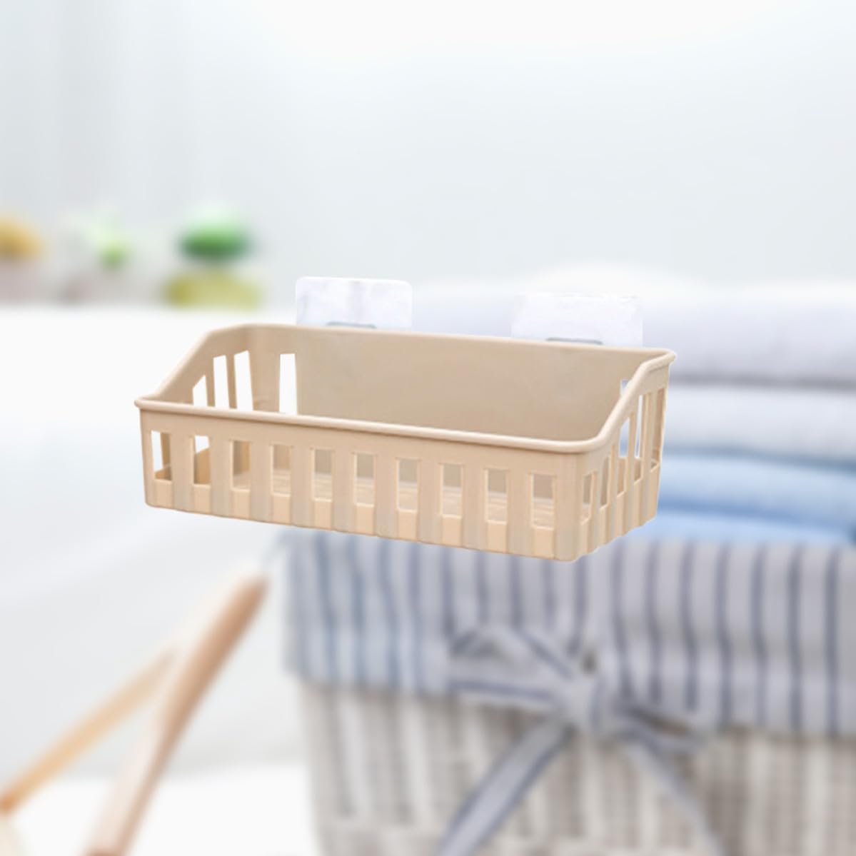 Wall Mounted Storage Basket Punch Free Bathroom Shelf Beige Plastic