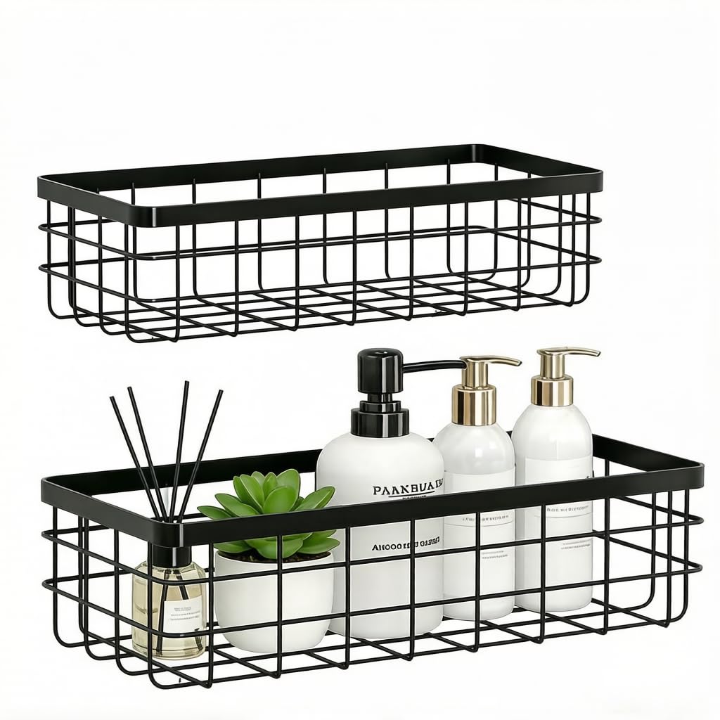 2 PCS Slim Hanging Wire Wall Basket for Bathroom, No Drill, Black