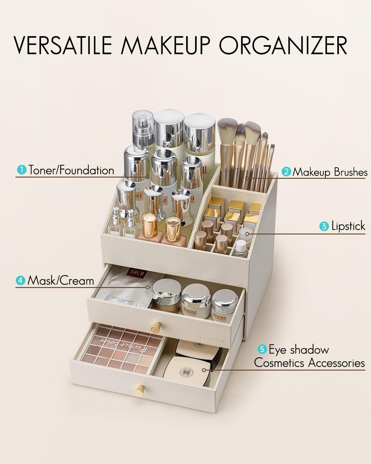 VLANDO 3-Layer Makeup Organizer with 2 Large Drawers for Vanity,Beige