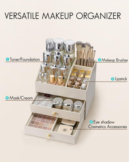 VLANDO 3-Layer Makeup Organizer with 2 Large Drawers for Vanity,Beige